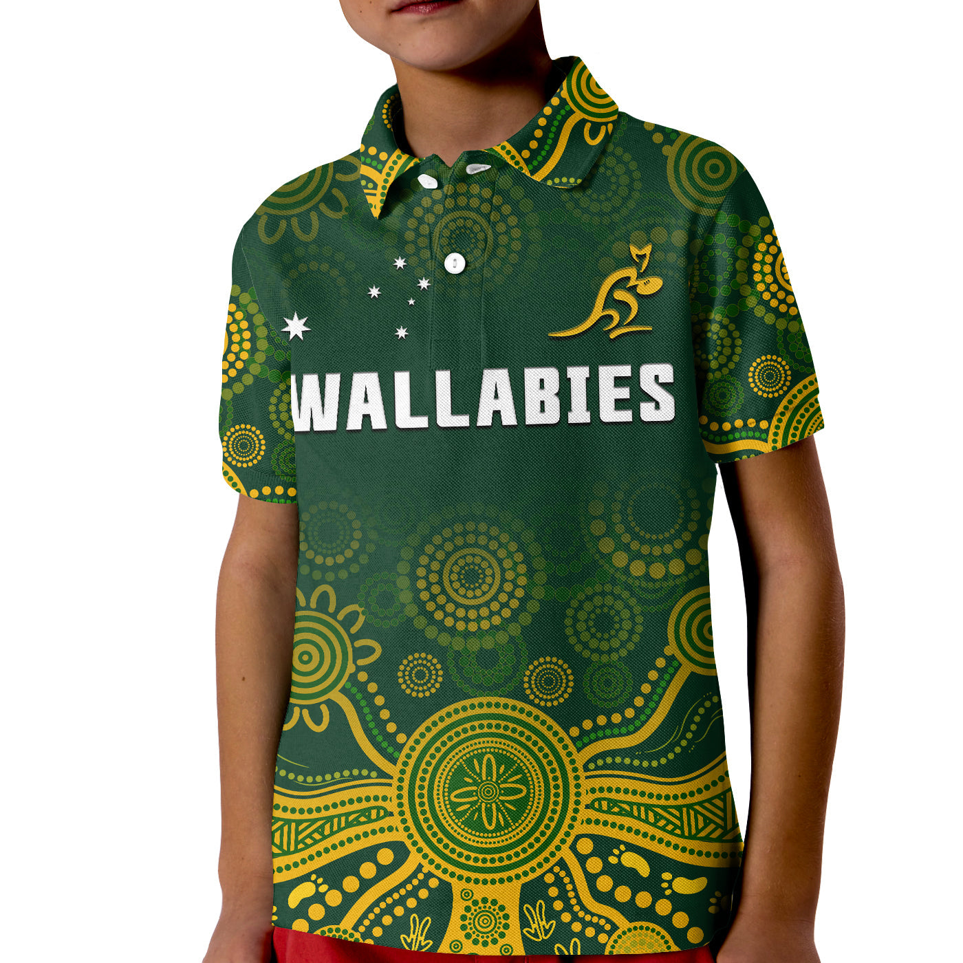 (Custom Text And Number) Australia 2022 Rugby Polo Shirt KID Wallabies Aboriginal Style - Vibe Hoodie Shop