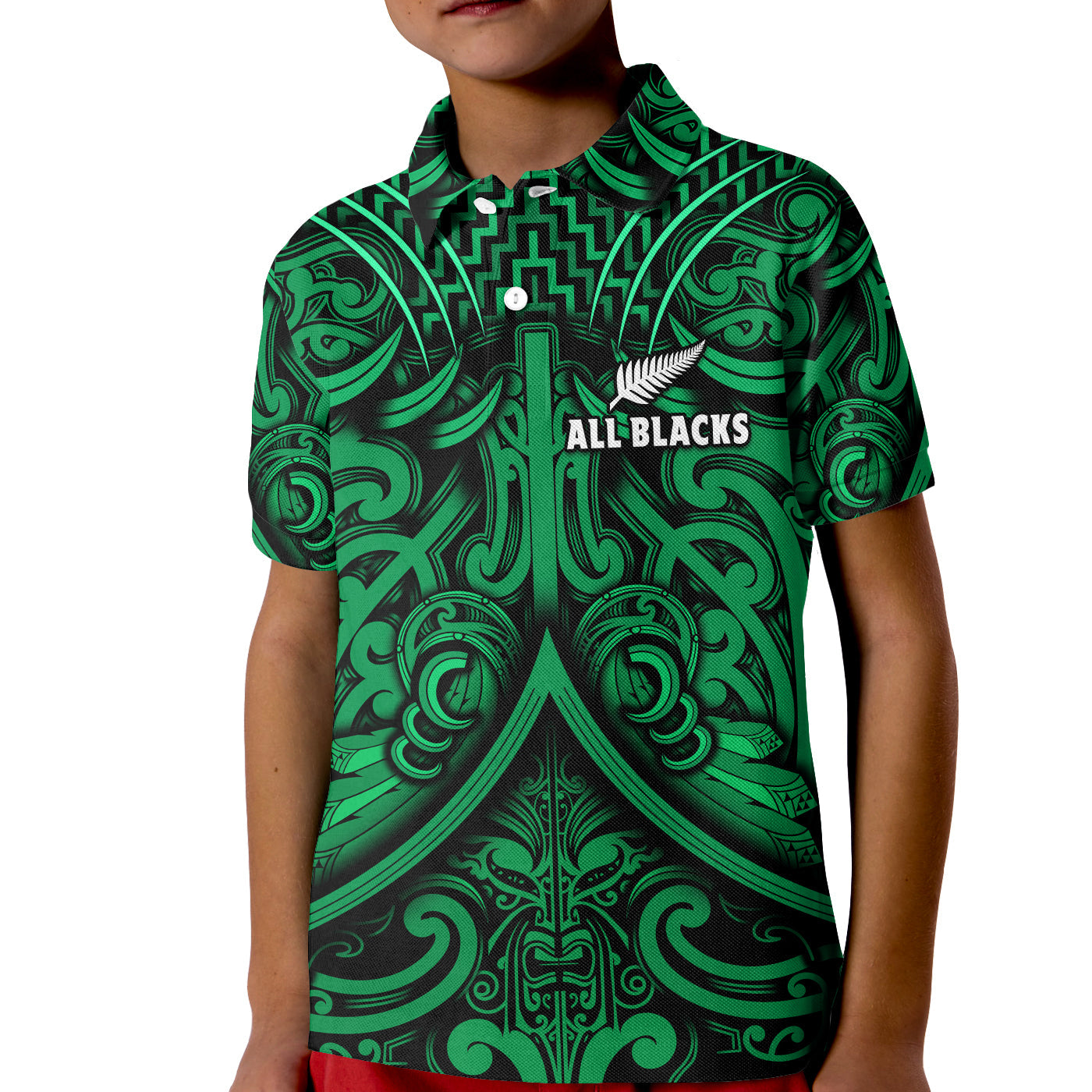 (Custom Text and Number) New Zealand Silver Fern Rugby Polo Shirt KID All Black Green NZ Maori Pattern - Vibe Hoodie Shop