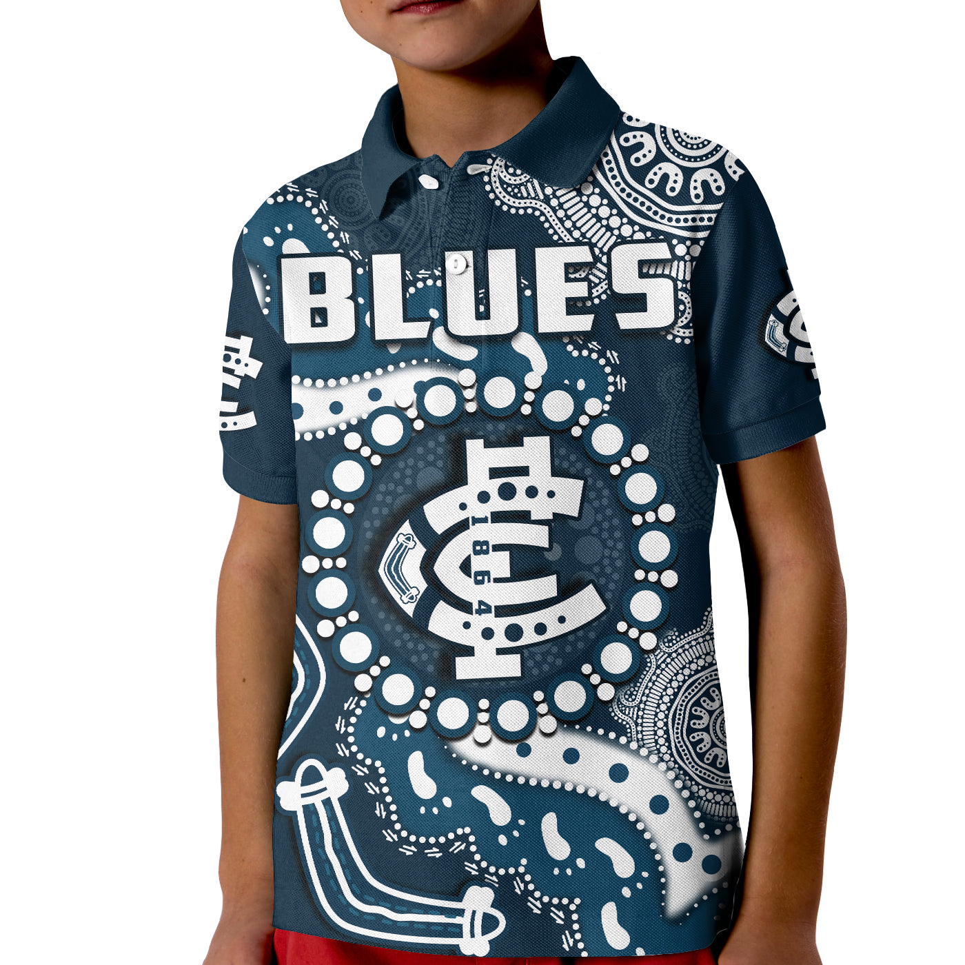 (Custom Text And Number) Carlton Football Polo Shirt KID Blues 1864 Boomerang Indigenous Artsy - Vibe Hoodie Shop