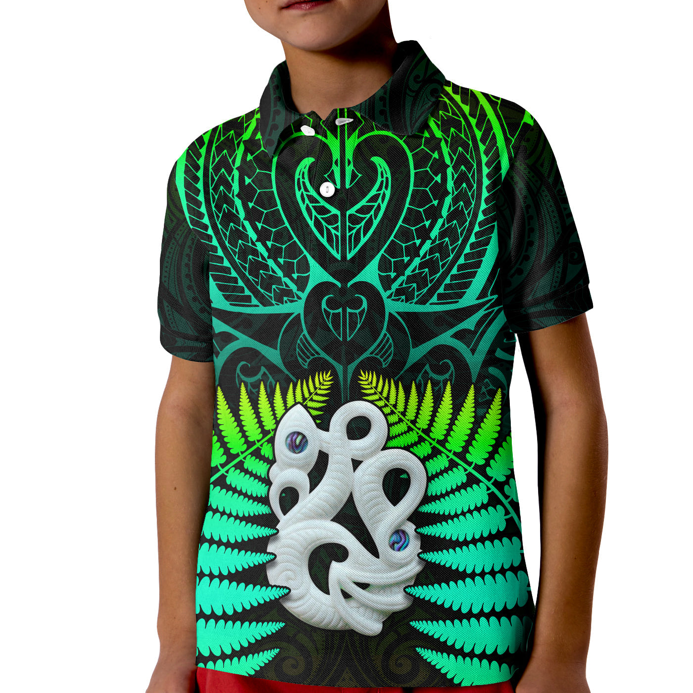 (Custom Text and Number) Aotearoa Fern Polo Shirt KID New Zealand Hei Tiki Green Style - Vibe Hoodie Shop