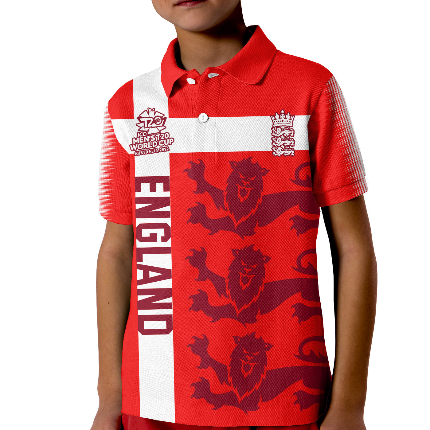 (Custom Text and Number) England Cricket Polo Shirt KID Lions Champions T20 World Cup - Vibe Hoodie Shop