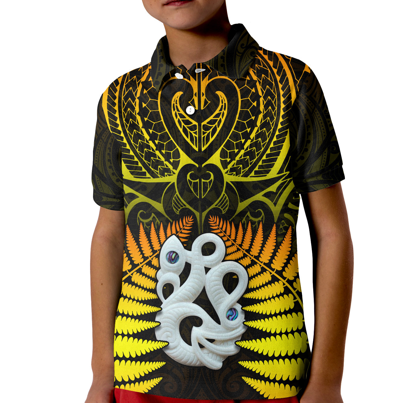 (Custom Text and Number) Aotearoa Fern Polo Shirt KID New Zealand Hei Tiki Gold Style - Vibe Hoodie Shop