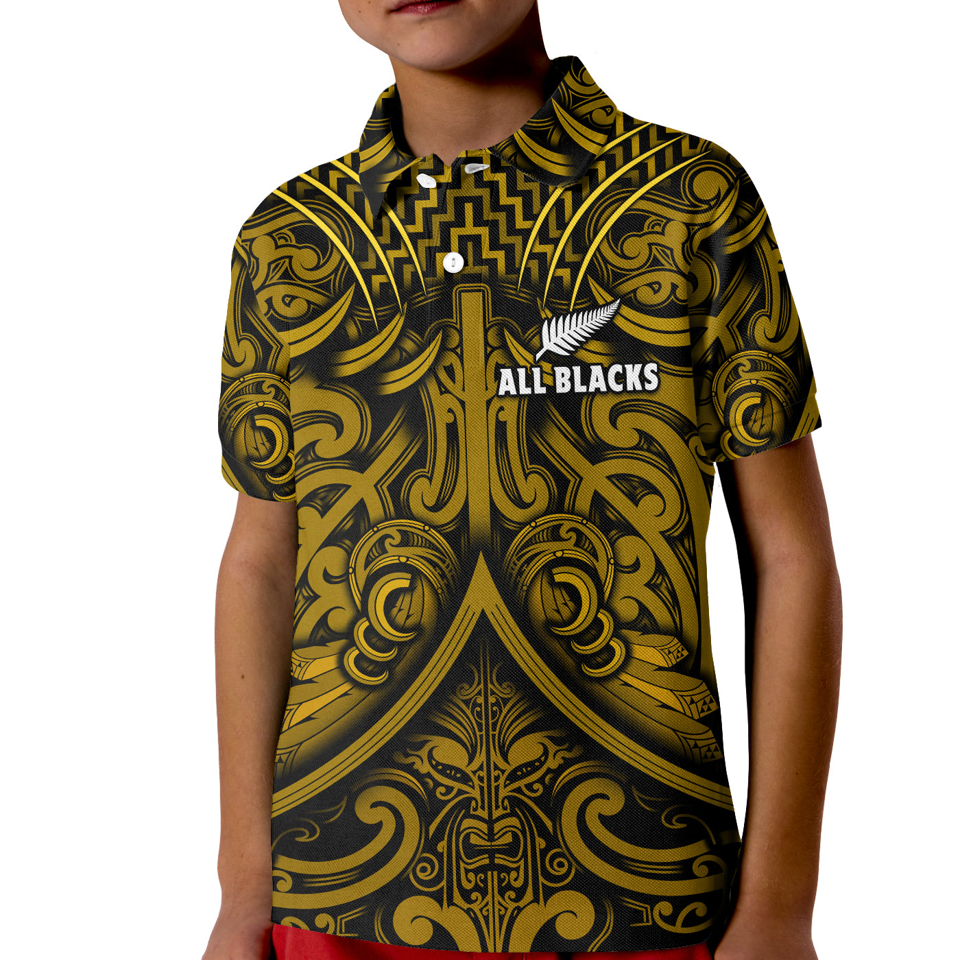 (Custom Text and Number) New Zealand Silver Fern Rugby Polo Shirt KID All Black Gold NZ Maori Pattern - Vibe Hoodie Shop