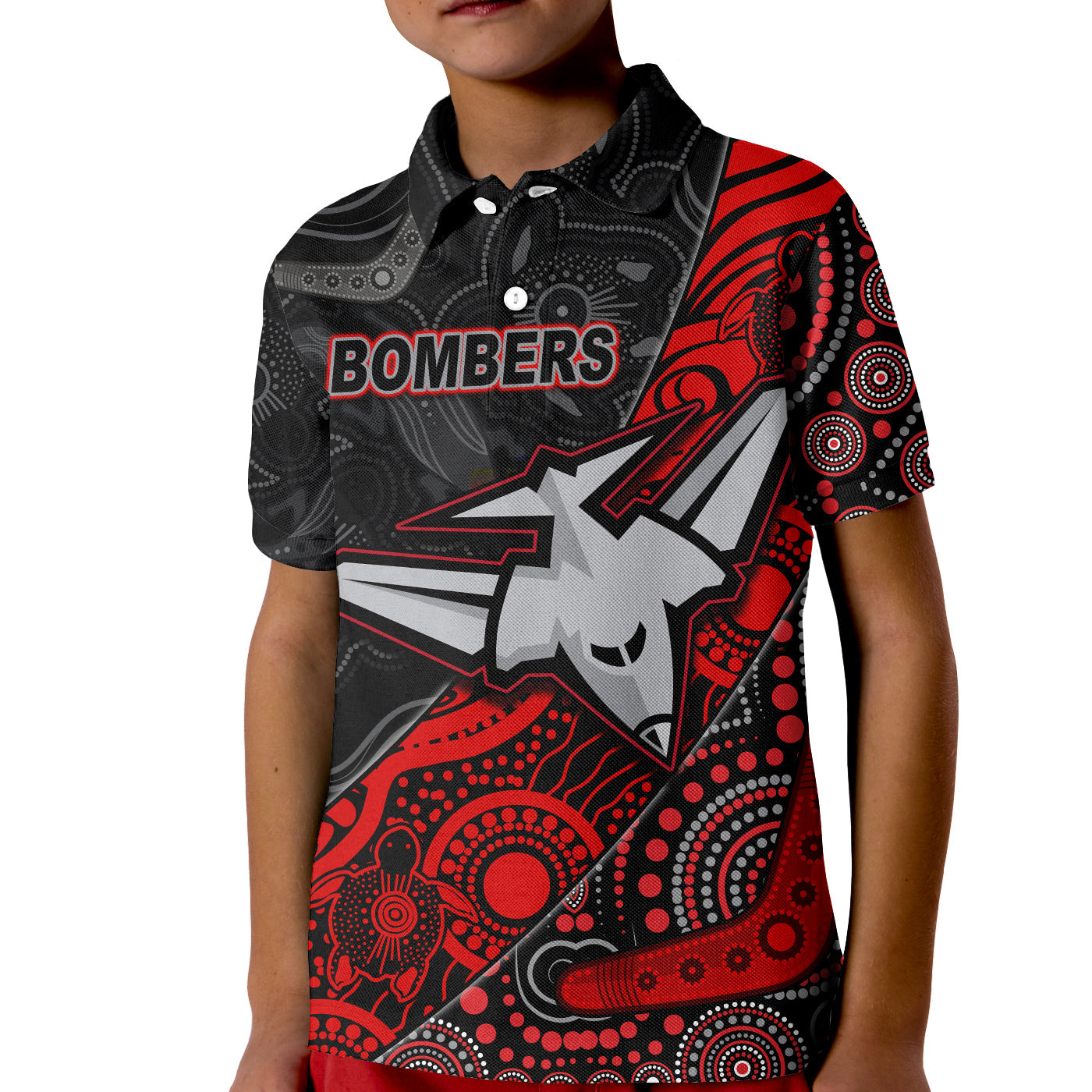 (Custom Text and Number) Bombers Football Polo Shirt KID Essendon Aboriginal - Vibe Hoodie Shop