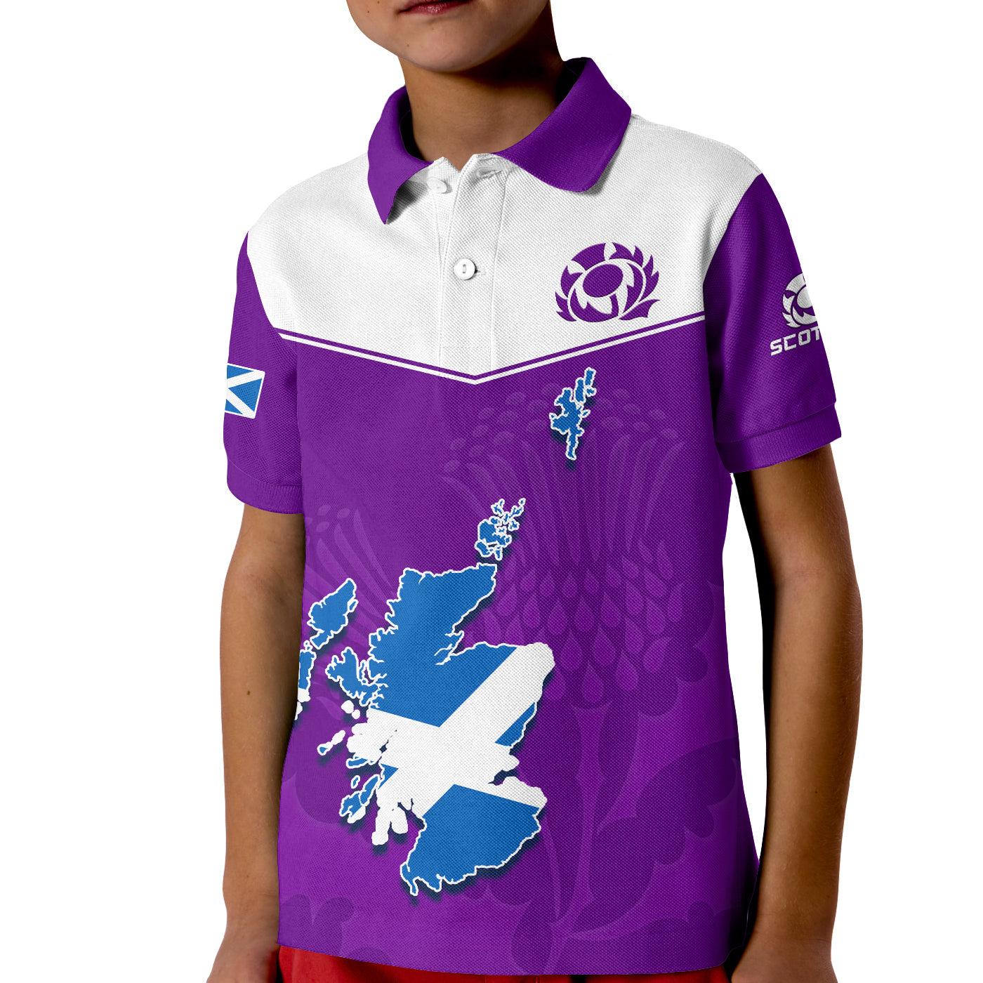 (Custom Personalised) Scottish Rugby Polo Shirt KID Map Of Scotland Thistle Purple Version - Vibe Hoodie Shop