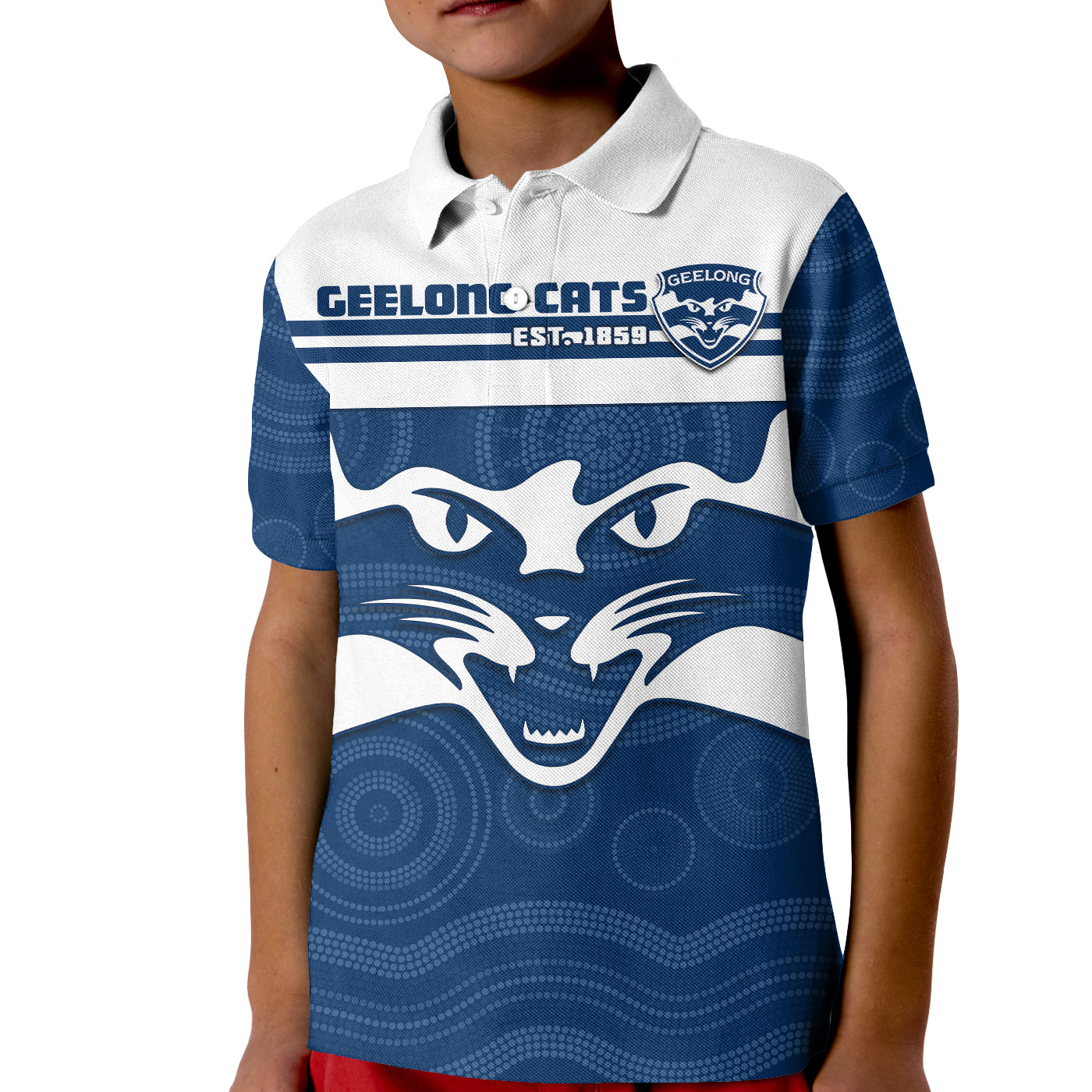 (Custom Text And Number) Cats Football Polo Shirt KID Geelong Est 1859 Aboriginal Art - Vibe Hoodie Shop