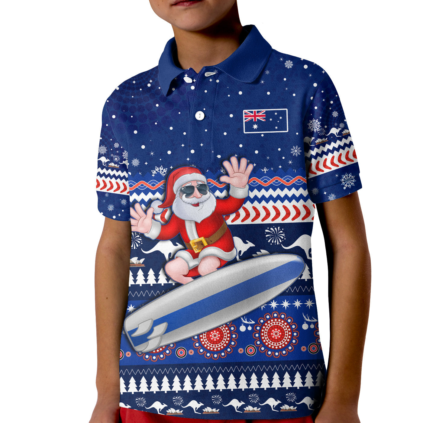 (Custom Text and Number) Australia Christmas Polo Shirt KID Aussie Aboriginal Santa Claus is Surfing with Kangaroo - Vibe Hoodie Shop