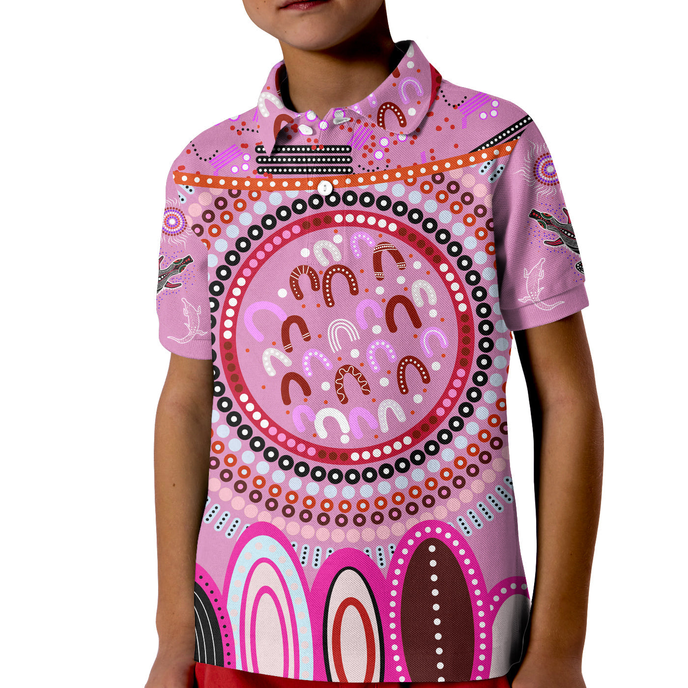 (Custom Text and Number) Aboriginal Stand Up Polo Shirt KID Circle Dot with Lizard Version Pink - Vibe Hoodie Shop