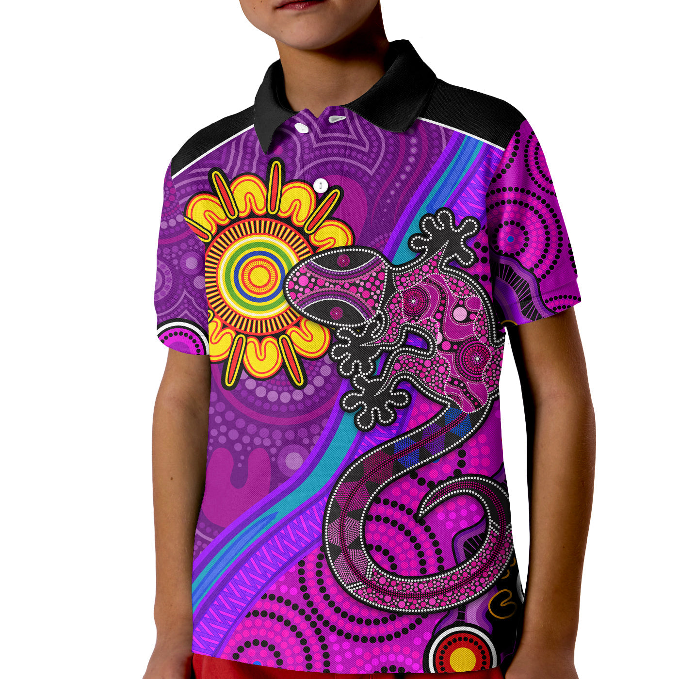 (Custom Text and Number) Australia Lizard and Sun Polo Shirt KID Aboriginal Art Purple - Vibe Hoodie Shop