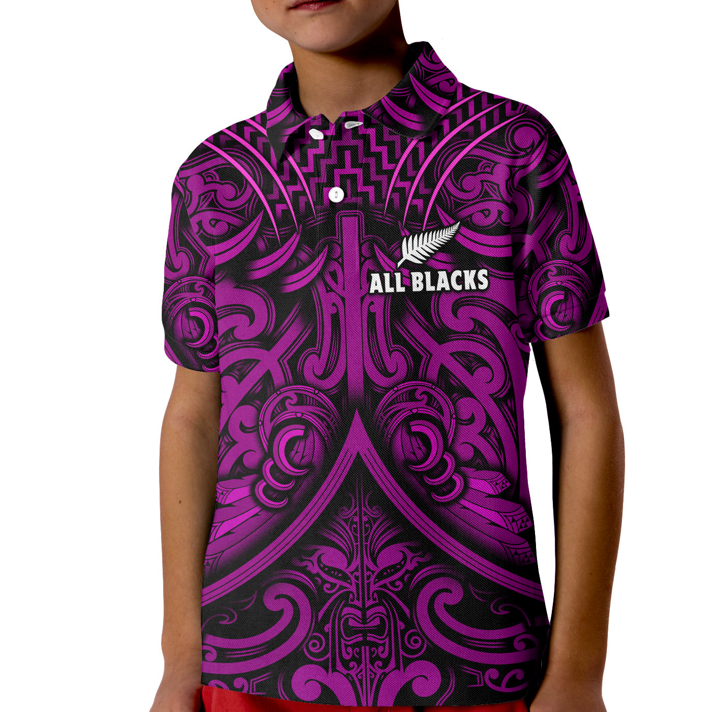New Zealand Silver Fern Rugby Polo Shirt KID All Black Purple NZ Maori Pattern - Vibe Hoodie Shop