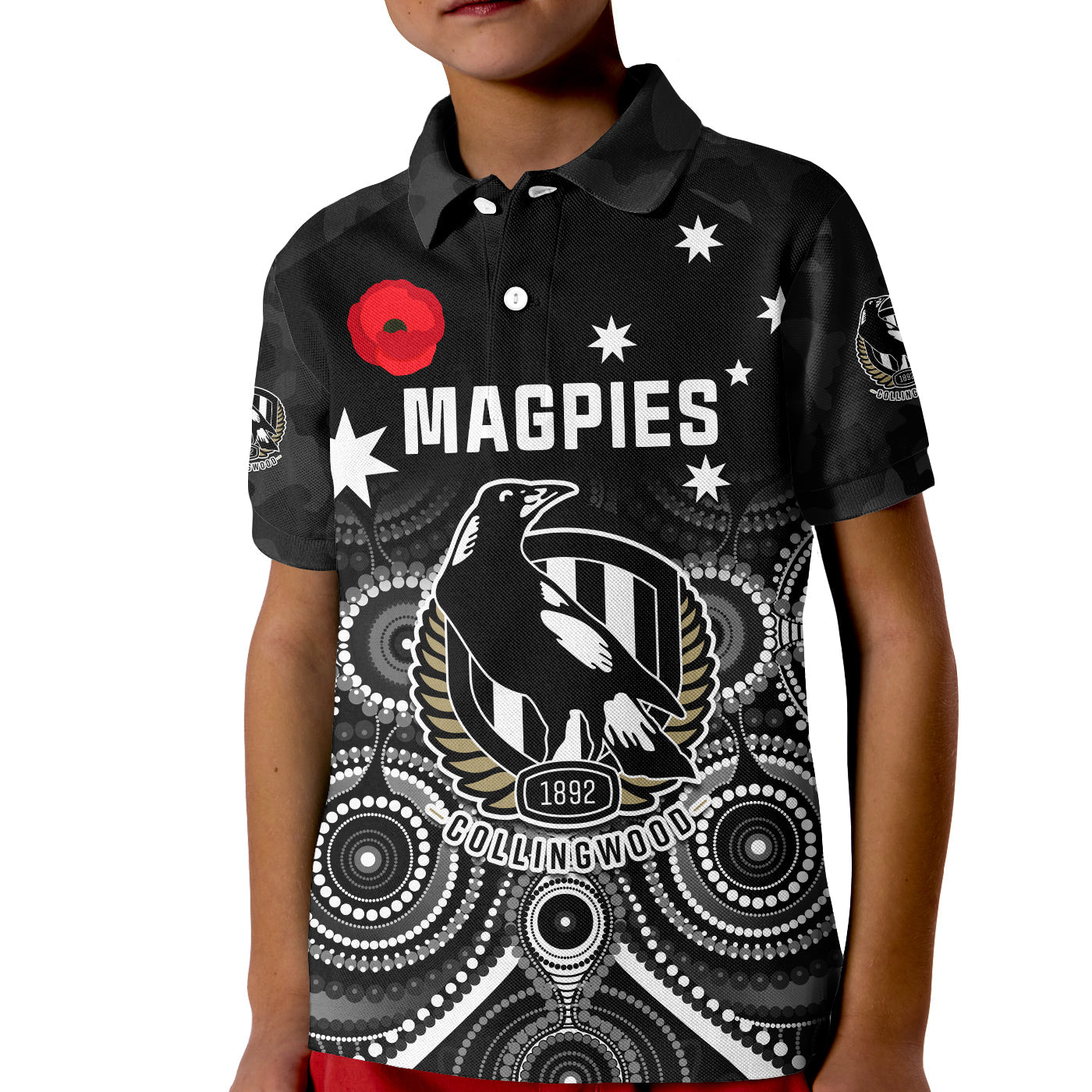 (Custom Text and Number) Magpies Football ANZAC Day Polo Shirt KID Aboriginal Poppy Flowers - Vibe Hoodie Shop