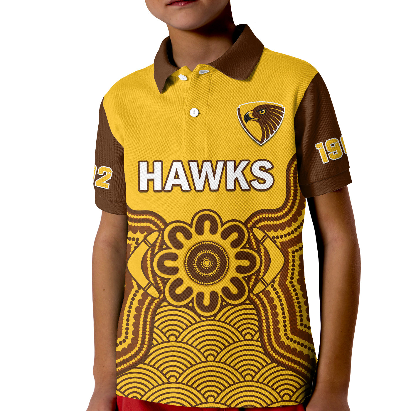 (Custom Text And Number) Hawthorn Football Polo Shirt KID Go Hawks 1902 Aboriginal Art - Vibe Hoodie Shop