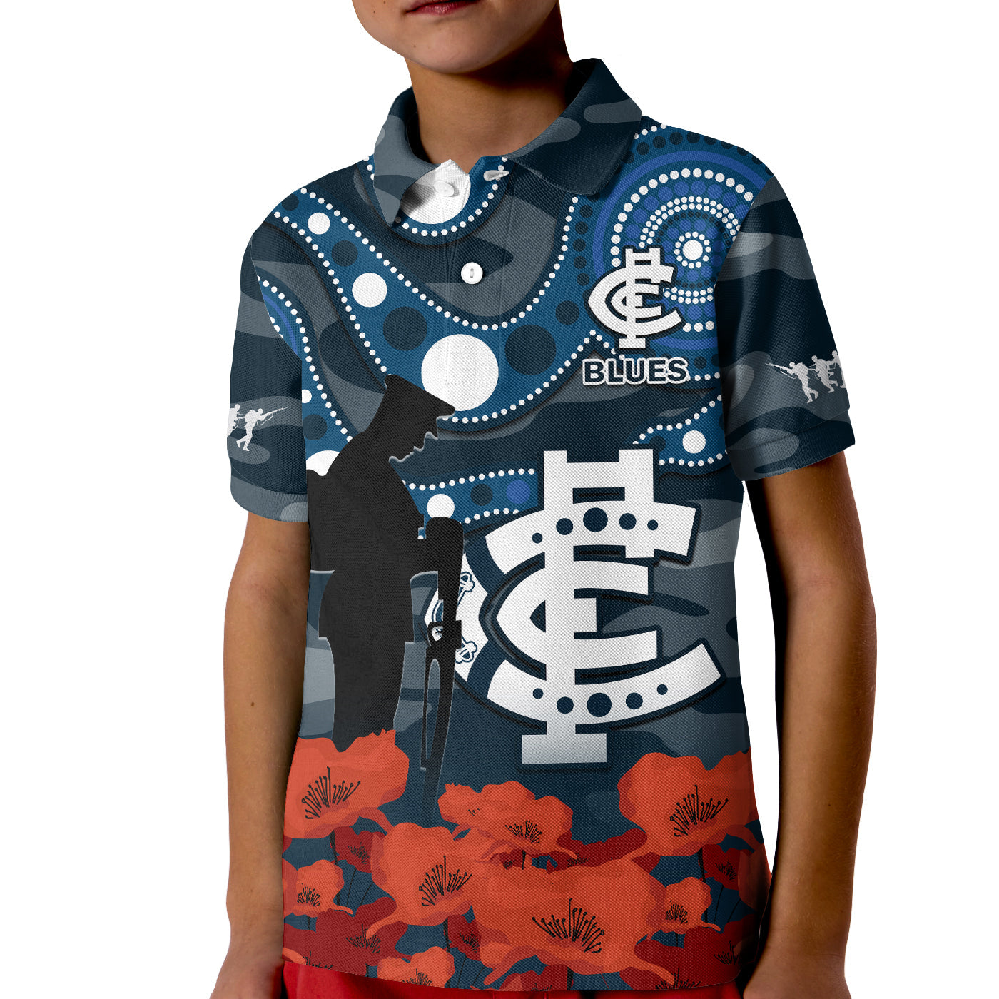 (Custom Text And Number) Carlton Football ANZAC 2023 Polo Shirt Blues Aboriginal Mix Poppy Camouflage - Vibe Hoodie Shop