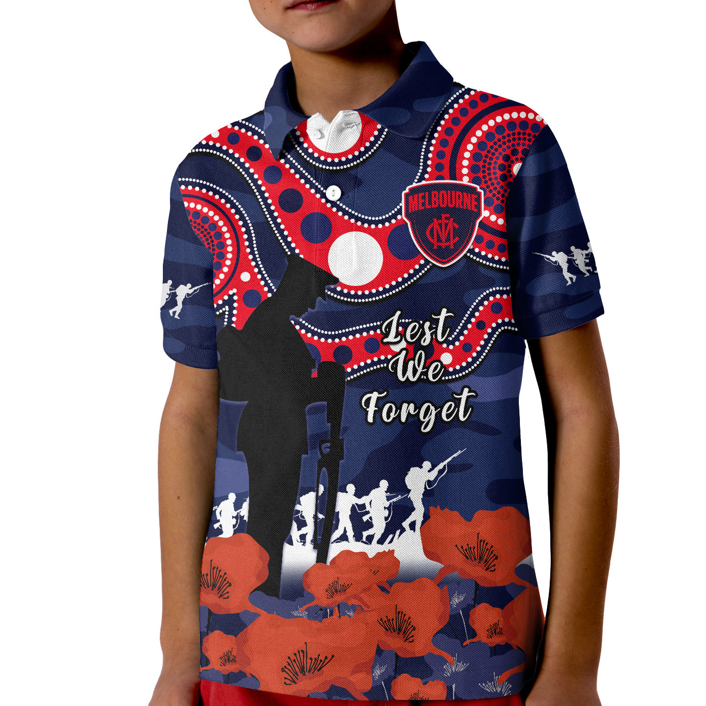 (Custom Text And Number) Melbourne Football ANZAC 2023 Polo Shirt KID Demons Aboriginal Mix Poppy Camouflage - Vibe Hoodie Shop