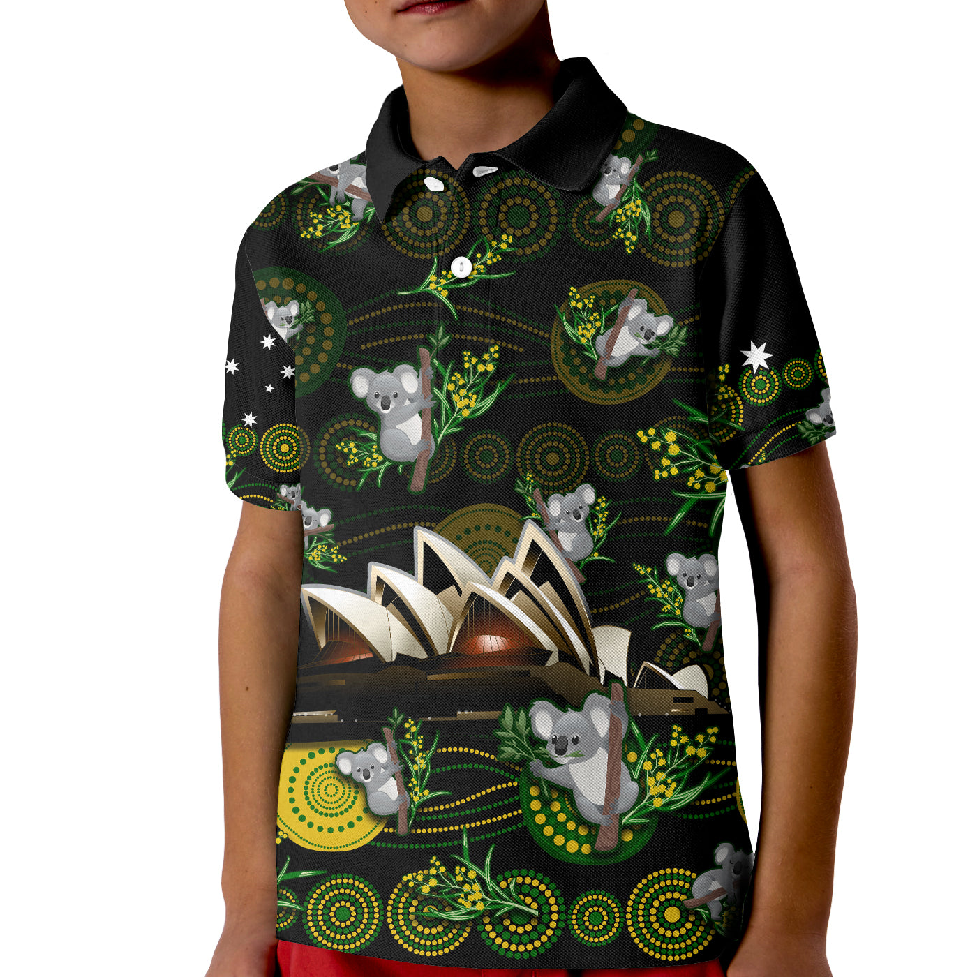 (Custom Personalised) Australia Polo Shirt KID Aboriginal Golden Wattle Mix Koala and Sydney Opera House - Vibe Hoodie Shop