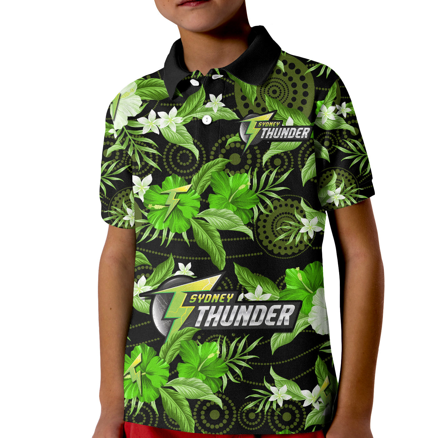 (Custom Text And Number) Sydney Thunder Cricket Polo Shirt Aboriginal Art Mix Tropical Flowers - Vibe Hoodie Shop