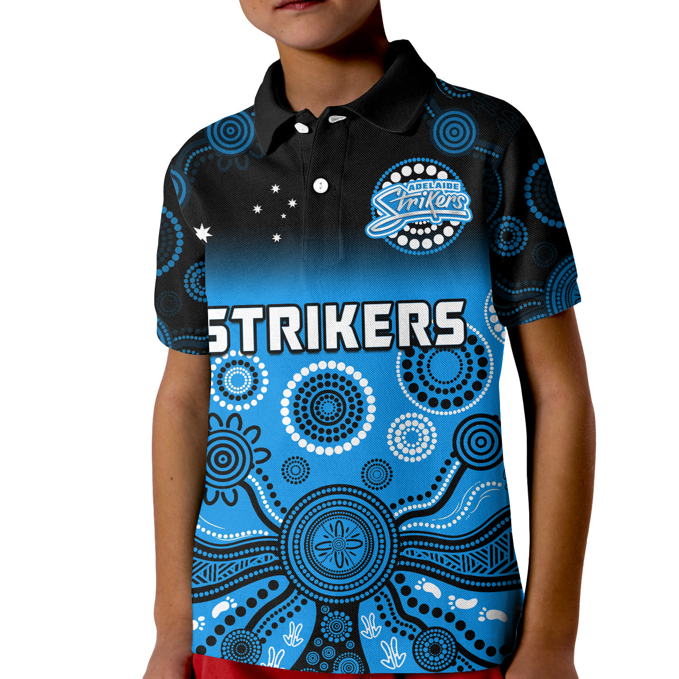 (Custom Text And Number) Adelaide Strikers Polo Shirt KID Gradient Aboriginal Dot Painting - Vibe Hoodie Shop