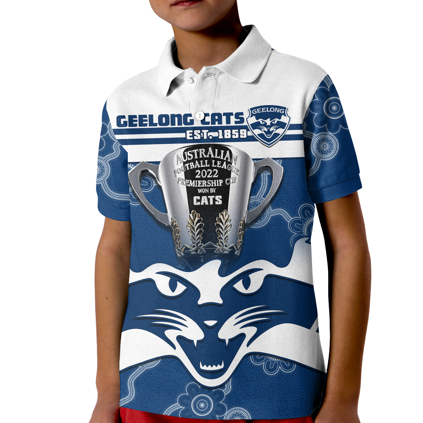 (Custom Personalised) Cats Football Polo Shirt KID Geelong Premiers 2022 Aboriginal - Vibe Hoodie Shop