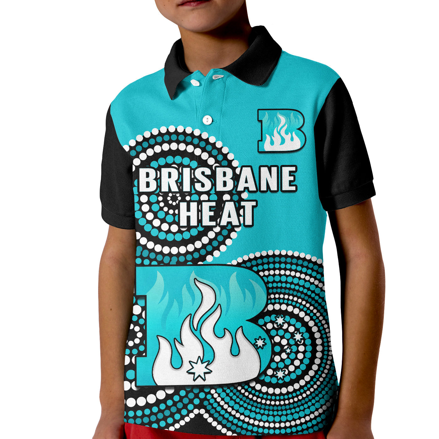 (Custom Text And Number) Brisbane Heat Cricket Polo Shirt KID Champions BBL12 Proud Indigenous Art - Vibe Hoodie Shop