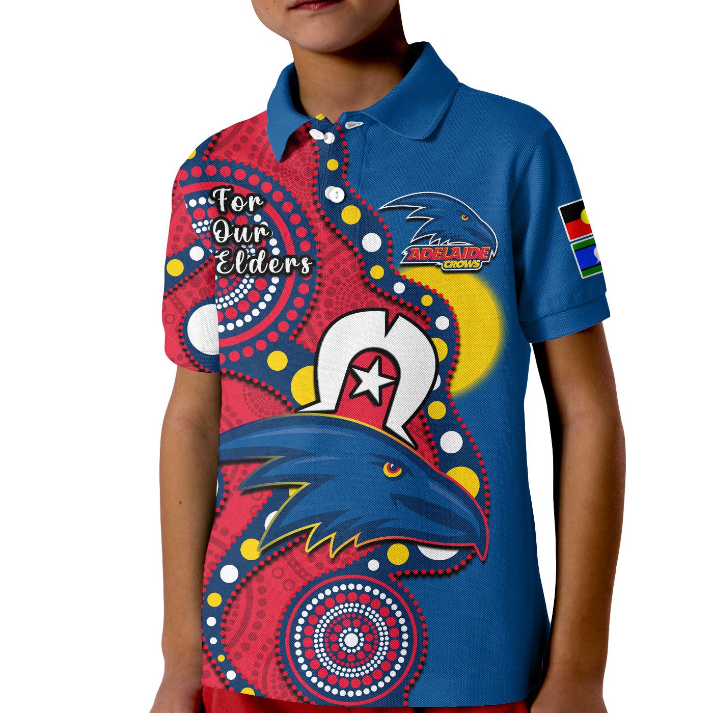 (Custom Text And Number) Adelaide Football NAIDOC 2023 Polo Shirt KID Crows For Our Elders Indigenous - Vibe Hoodie Shop