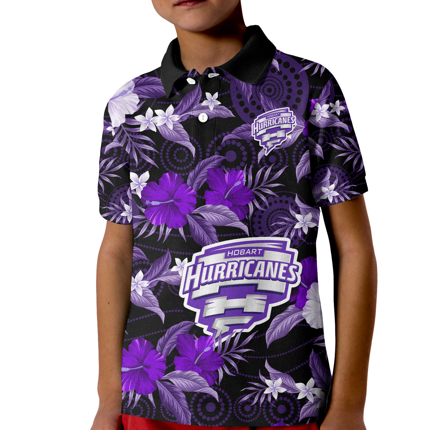 (Custom Text And Number) Hobart Hurricanes Cricket Polo Shirt KID Aboriginal Art Mix Tropical Flowers - Vibe Hoodie Shop