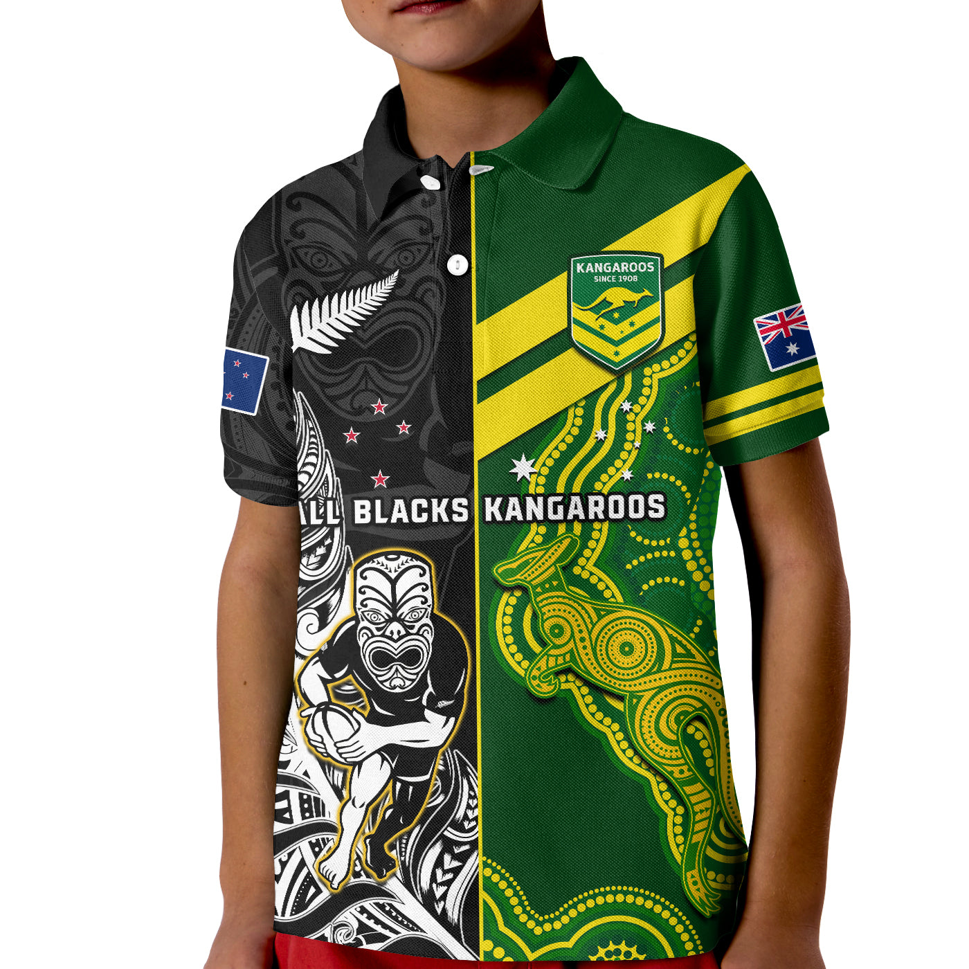 (Custom Personalised) Australia Kangaroos And All Black Rugby Polo Shirt KID Aboriginal Mix NZ Maori Fern - Vibe Hoodie Shop