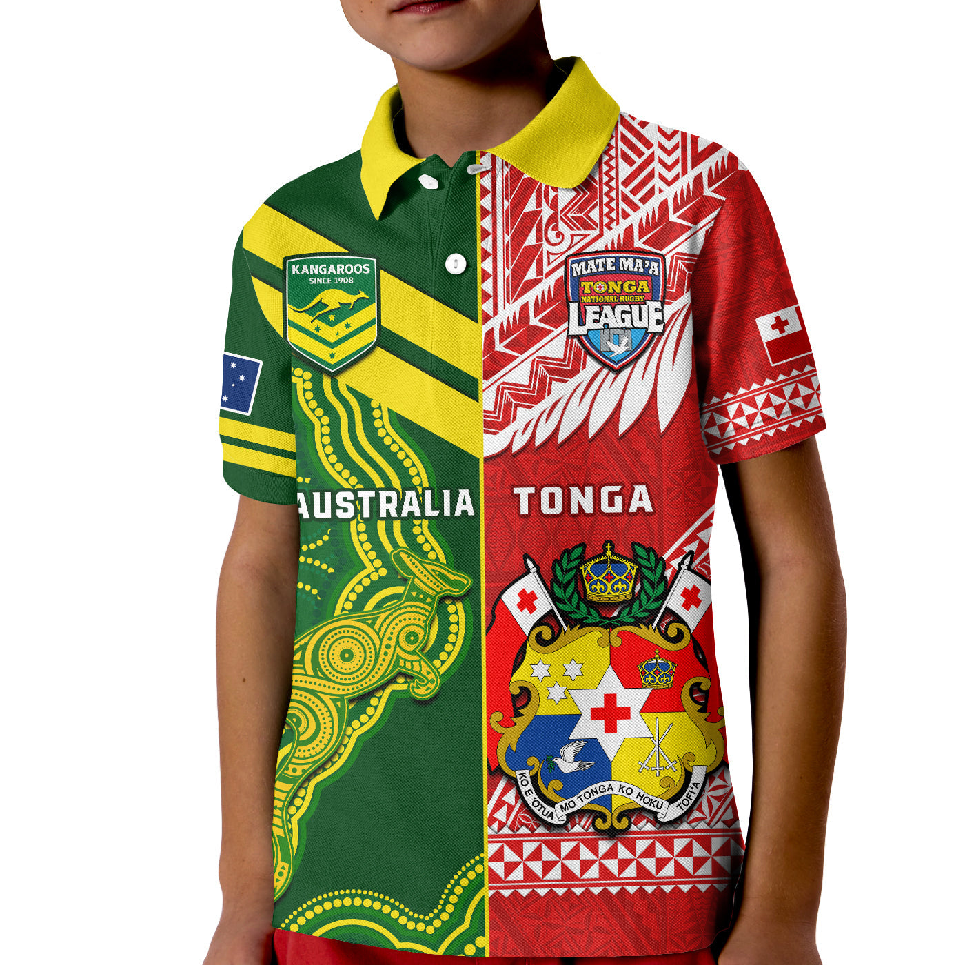 (Custom Personalised) Tonga And Australia Rugby Polo Shirt KID Mate Maa Tonga Mix Kangaroos - Vibe Hoodie Shop