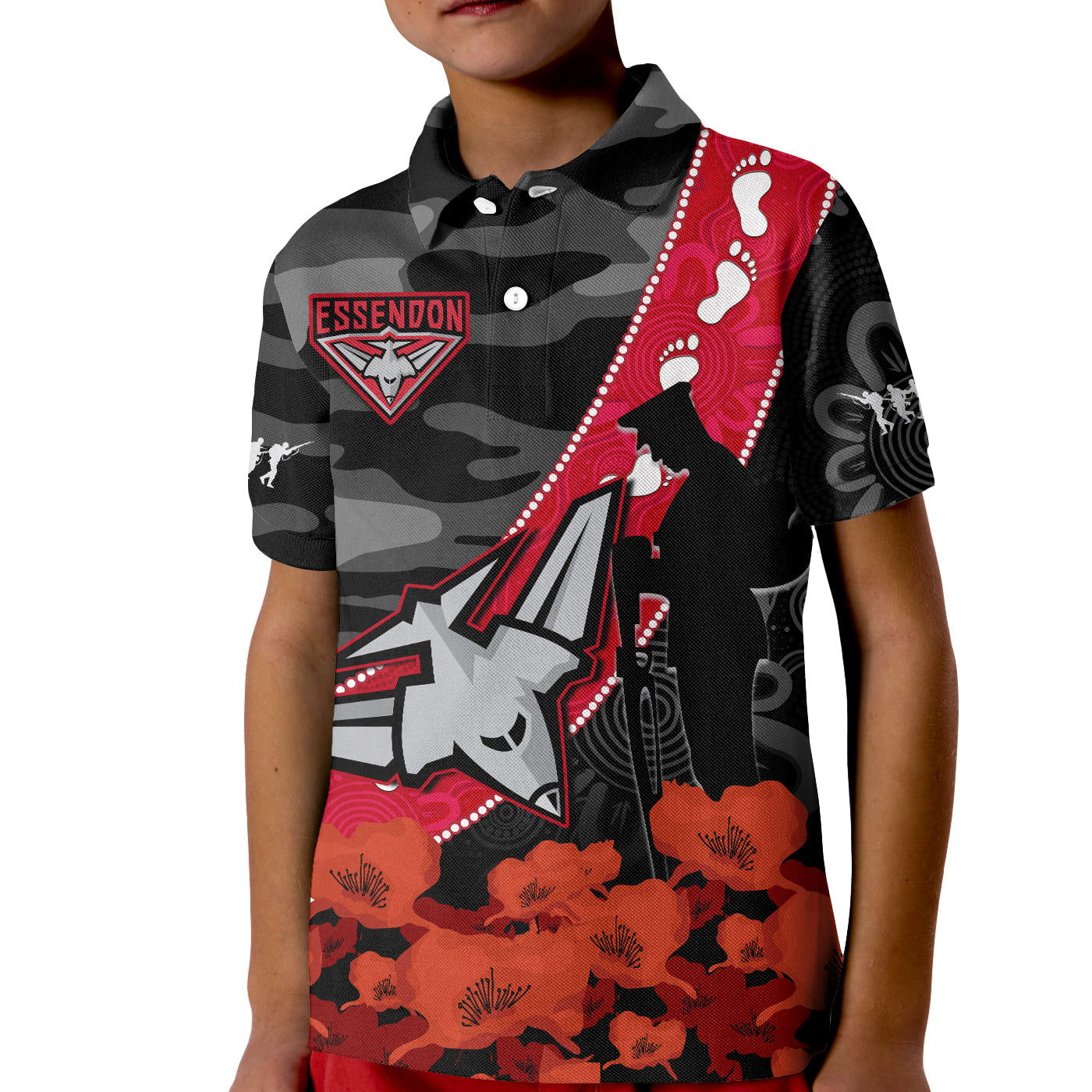 (Custom Text And Number) Essendon Football ANZAC 2023 Polo Shirt KID Bombers Aboriginal Mix Poppy Camouflage - Vibe Hoodie Shop