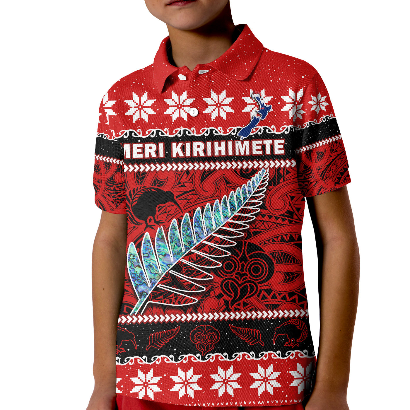 New Zealand Christmas Polo Shirt KID Paua Shell Silver Fern Meri Kirihimete - Vibe Hoodie Shop