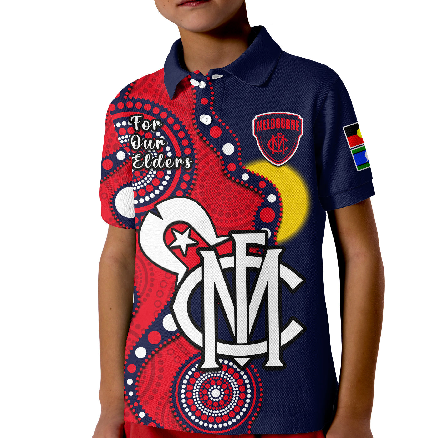 (Custom Text And Number) Melbourne Football NAIDOC 2023 Polo Shirt KID Demons For Our Elders Indigenous - Vibe Hoodie Shop