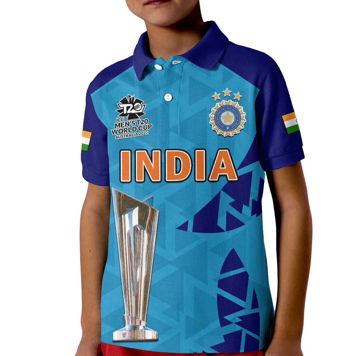 (Custom Text And Number) India Cricket Polo Shirt KID Men In Blue Champions Mens T20 WC 2022 - Vibe Hoodie Shop