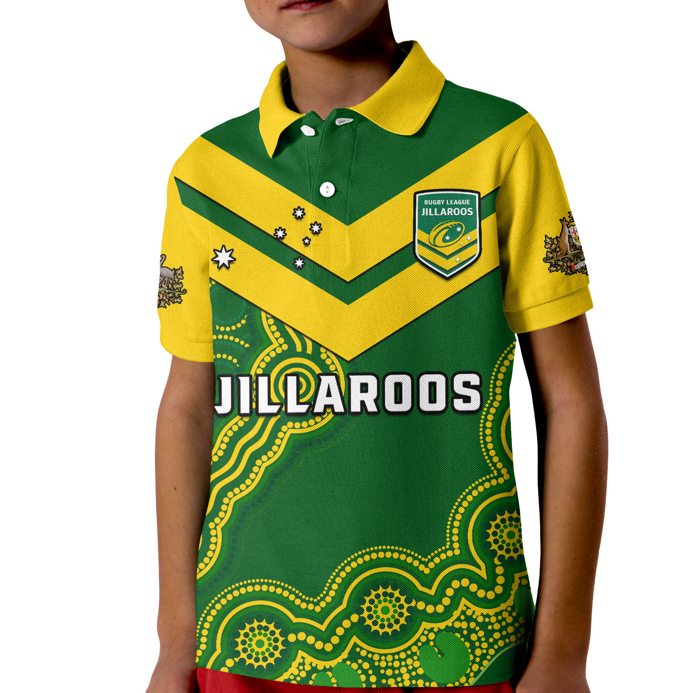 (Custom Text And Number) Australia Rugby Polo Shirt KID Jillaroos Champions Indigenous Green Style - Vibe Hoodie Shop