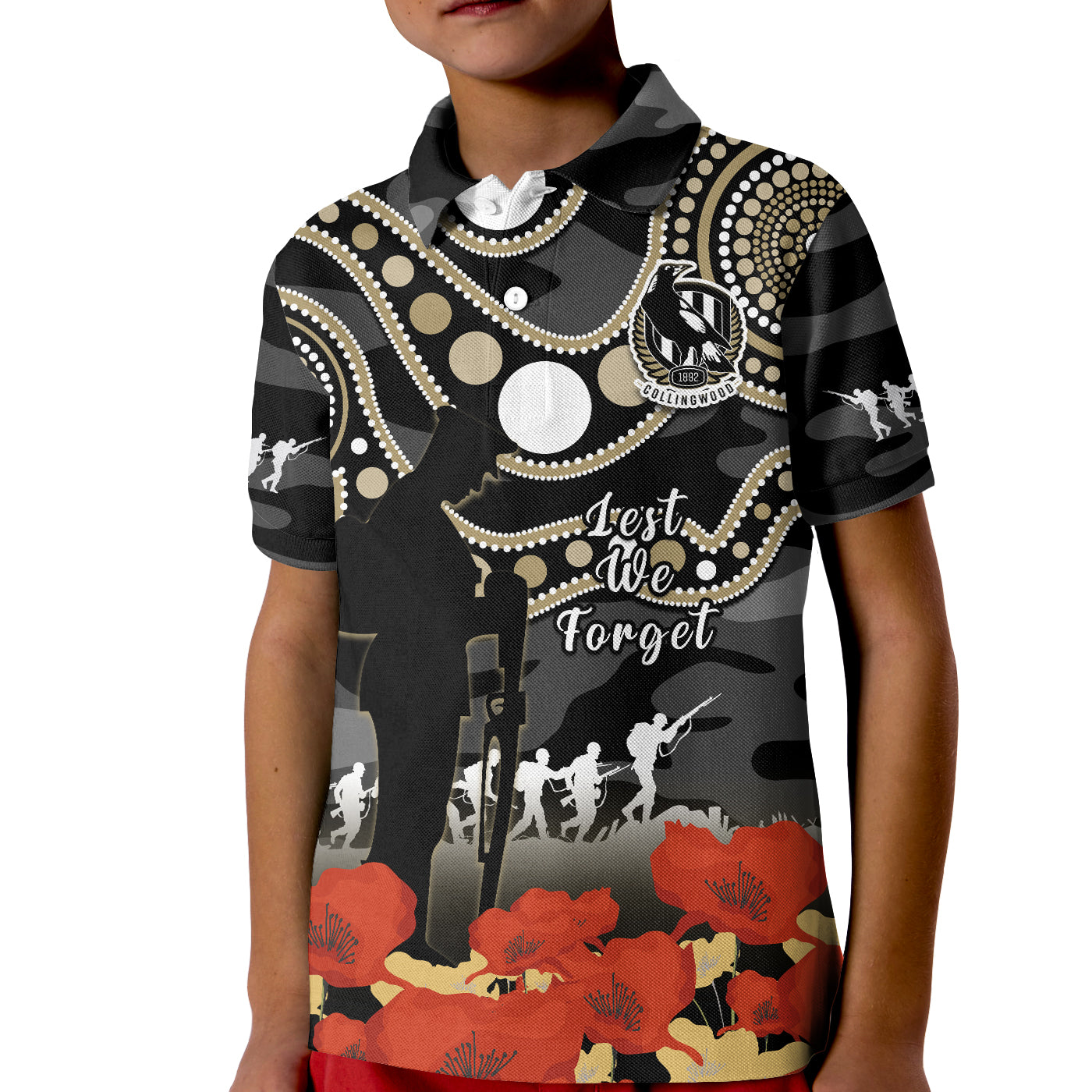 (Custom Text And Number) Collingwood Football ANZAC 2023 Polo Shirt KID Aboriginal Mix Poppy Camouflage - Vibe Hoodie Shop