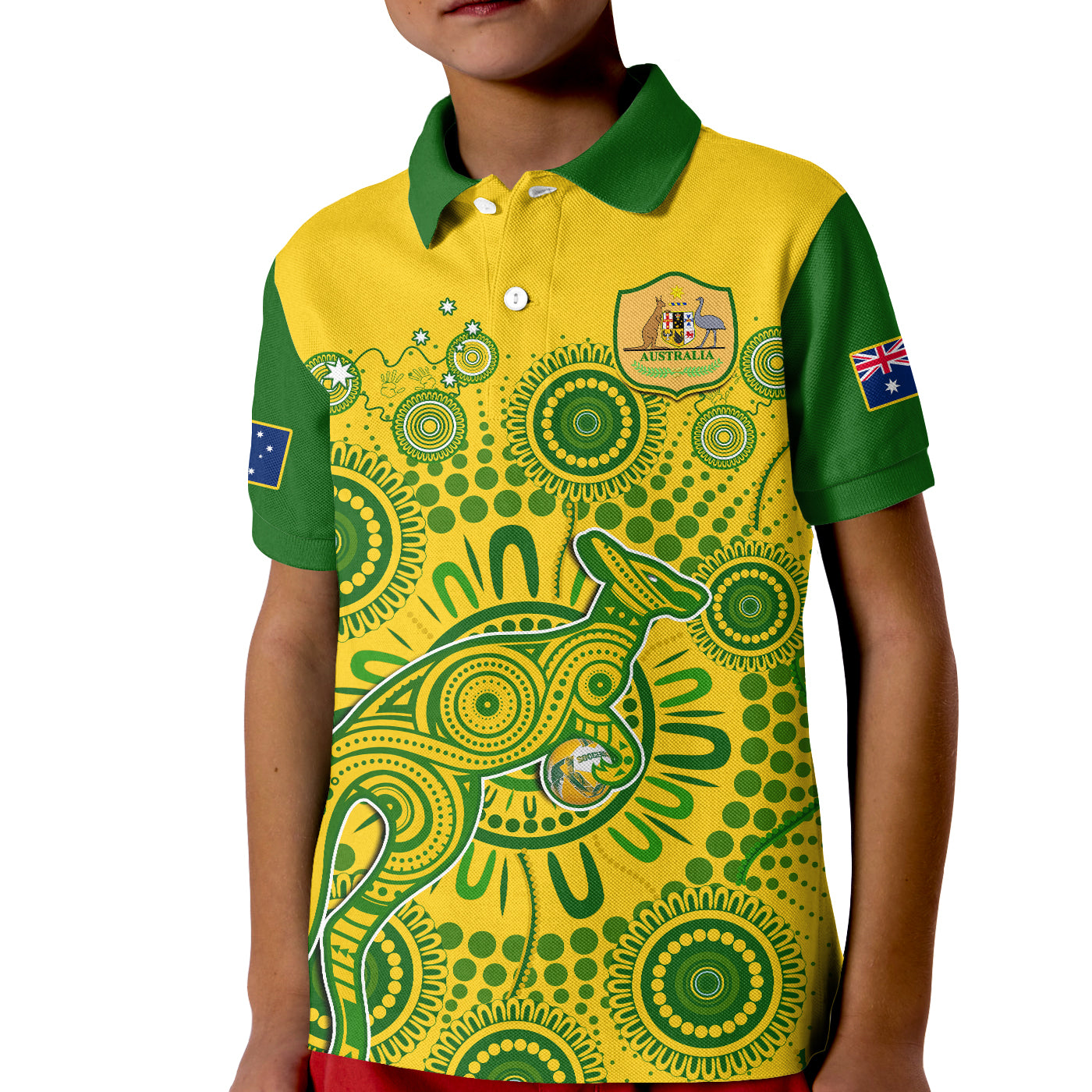 (Custom Text And Number) Australia Soccer Polo Shirt KID Socceroos Kangaroo Aussie Indigenous National Color - Vibe Hoodie Shop