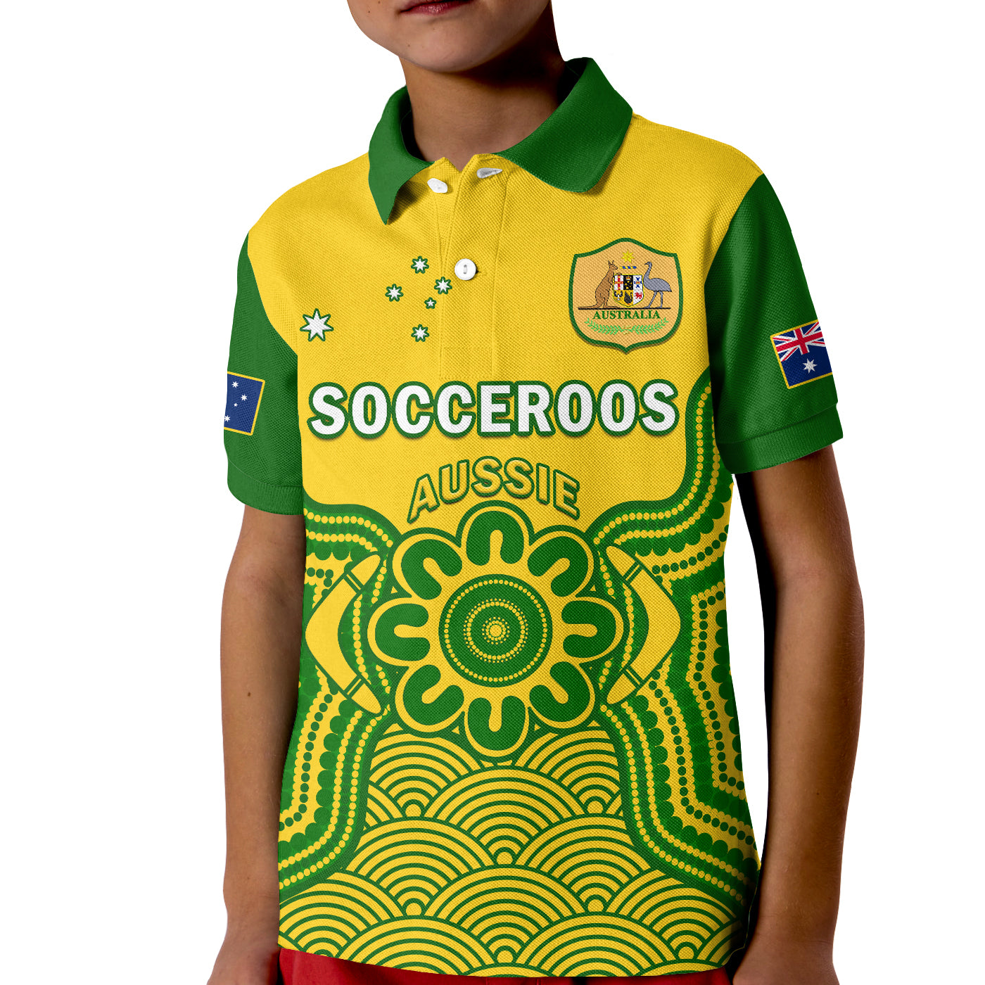 (Custom Text And Number) Australia Soccer Polo Shirt KID Socceroos Aboriginal Go Champions World Cup 2022 - Vibe Hoodie Shop