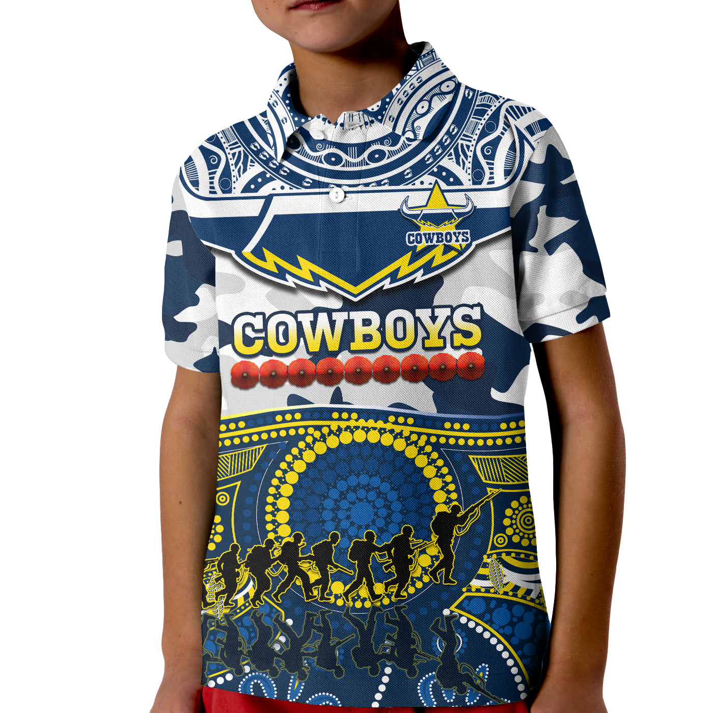 (Custom Text And Number) Cowboys Rugby ANZAC Polo Shirt KID Indigenous Poppy Mix Camouflage - Vibe Hoodie Shop