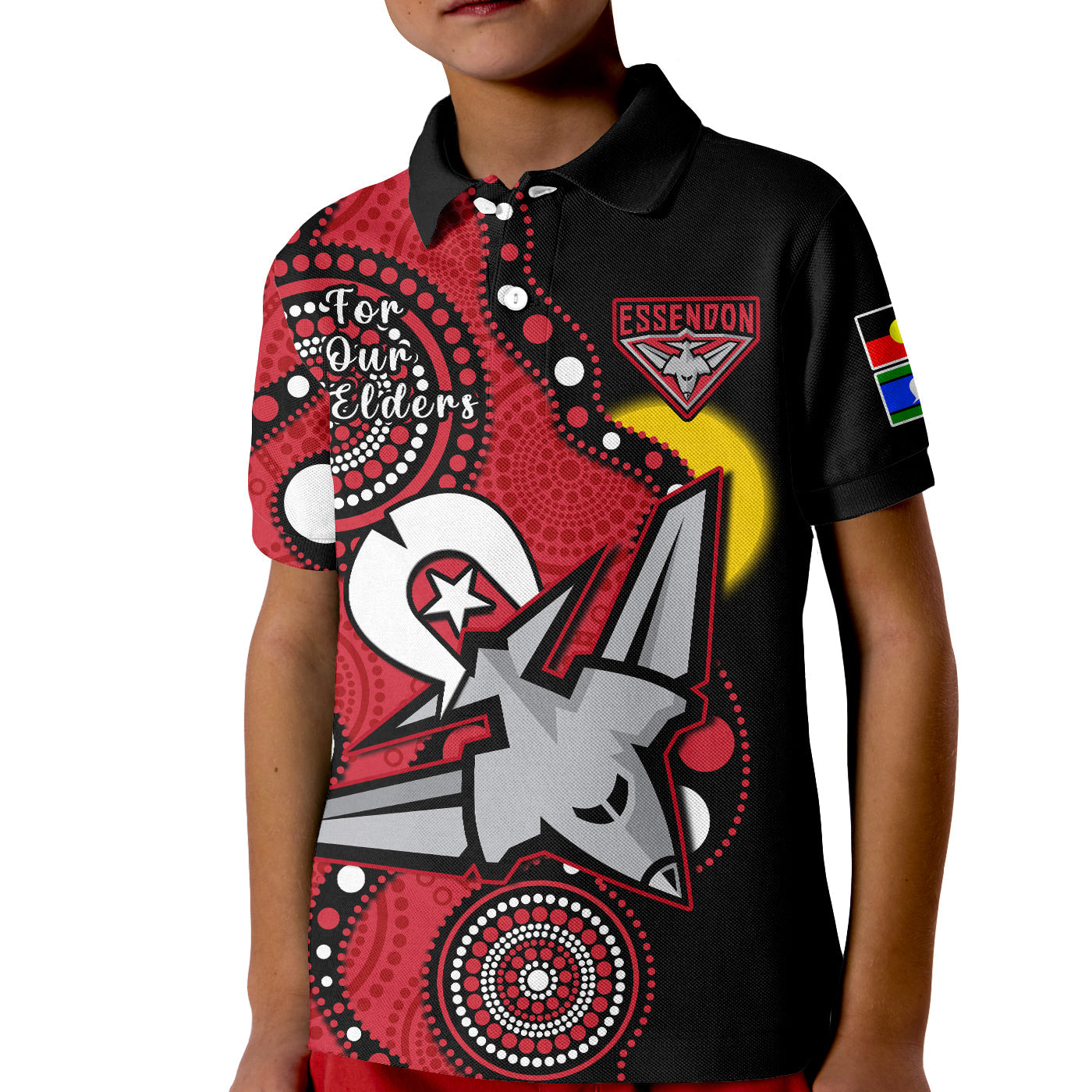 (Custom Text And Number) Essendon Football NAIDOC 2023 Polo Shirt KID Bombers For Our Elders Indigenous Art - Vibe Hoodie Shop