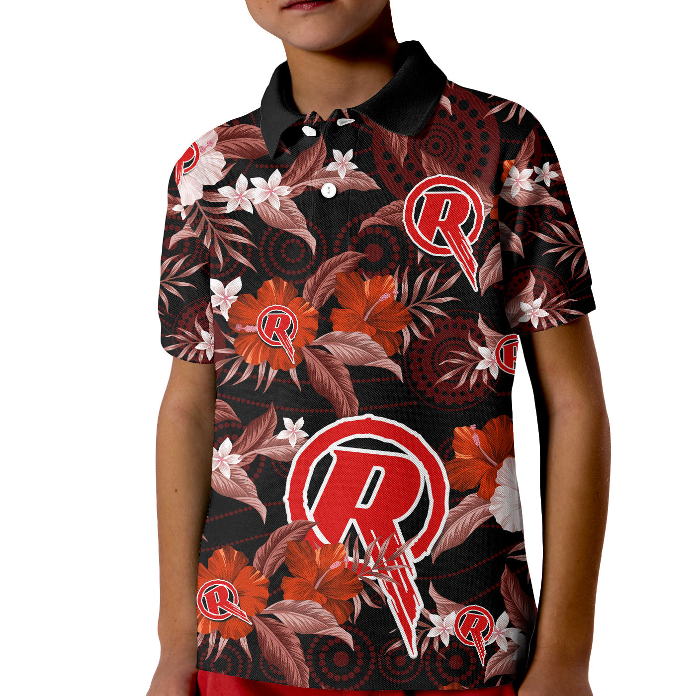 (Custom Text And Number) Melbourne Renegades Cricket Polo Shirt KID Aboriginal Art Mix Tropical Flowers - Vibe Hoodie Shop