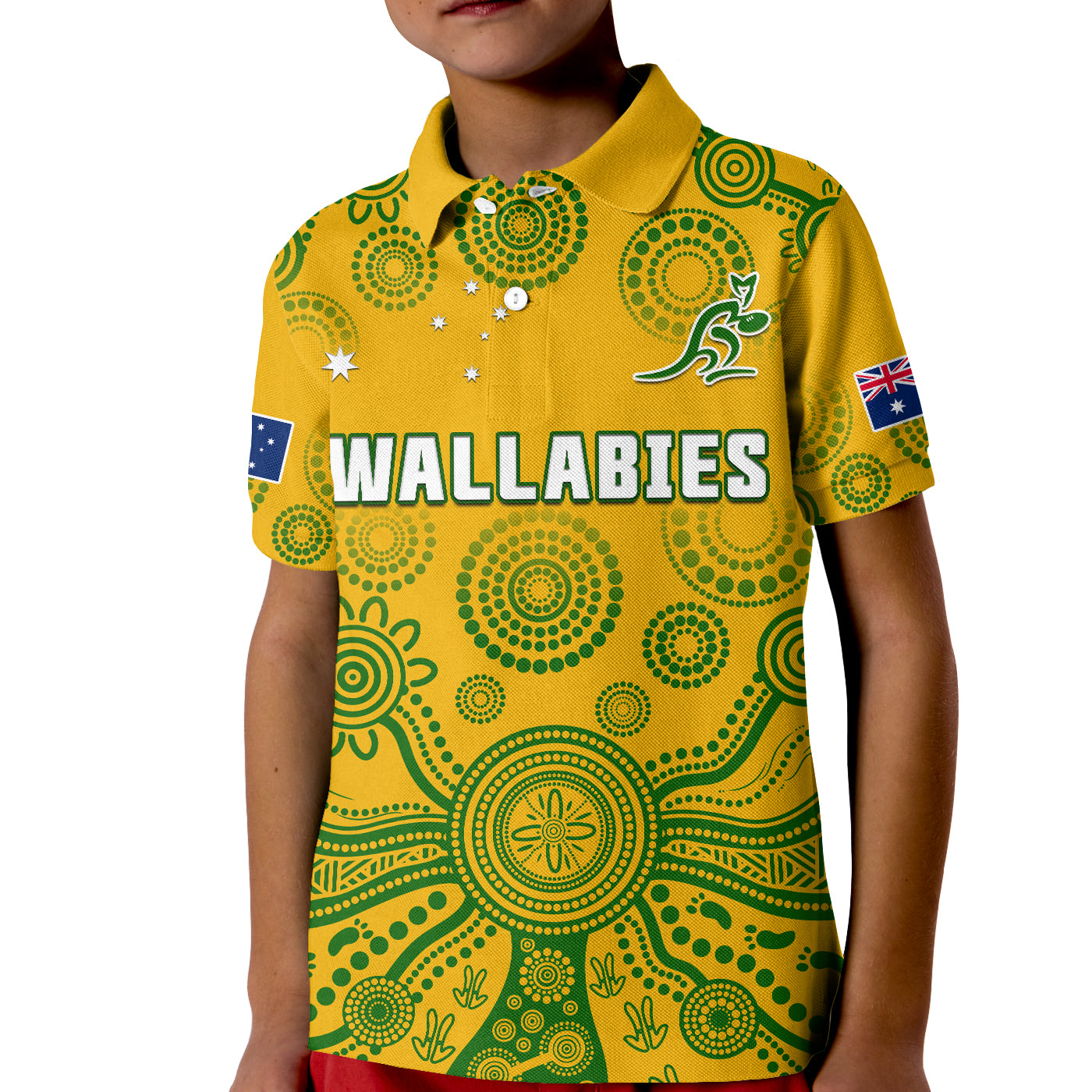 (Custom Text And Number) Australia 2022 Rugby Polo Shirt KID Wallabies Aboriginal Yellow Style - Vibe Hoodie Shop