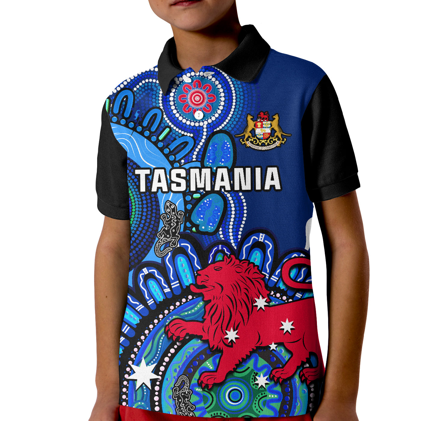 (Custom Personalised) Tasmania State Polo Shirt KID Australian Indigenous Art - Vibe Hoodie Shop