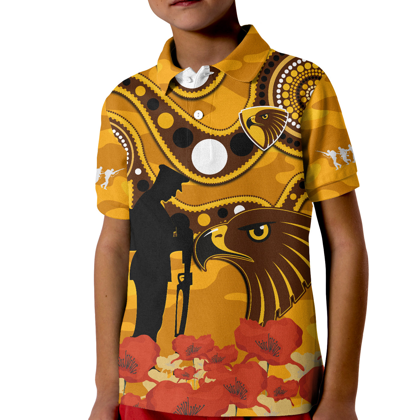 (Custom Text And Number) Hawks Football ANZAC 2023 Polo Shirt KID Indigenous Mix Poppy Camouflage - Vibe Hoodie Shop