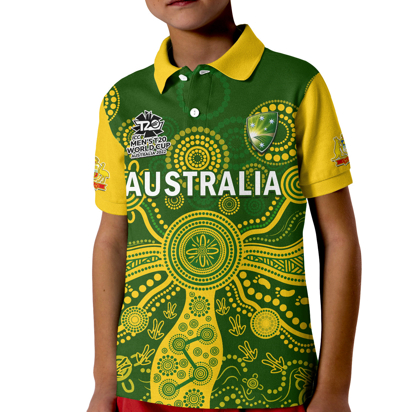 (Custom Text And Number) Australia Cricket Polo Shirt KID Aussie 2022 Mens T20 World Cup Ver.02 - Vibe Hoodie Shop