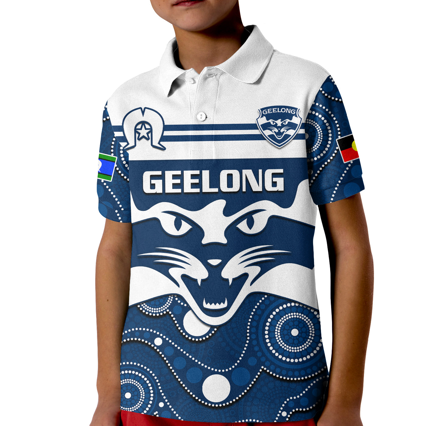 (Custom Text And Number) Geelong Football NAIDOC 2023 Polo Shirt KID Cats For Our Elders Indigenous Art - Vibe Hoodie Shop