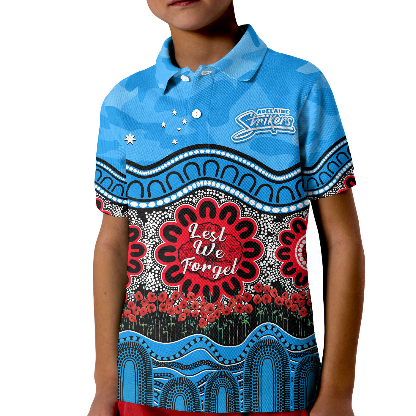 (Custom Text And Number) Adelaide Strikers Cricket ANZAC Polo Shirt KID Poppy Aboriginal Camouflage - Vibe Hoodie Shop