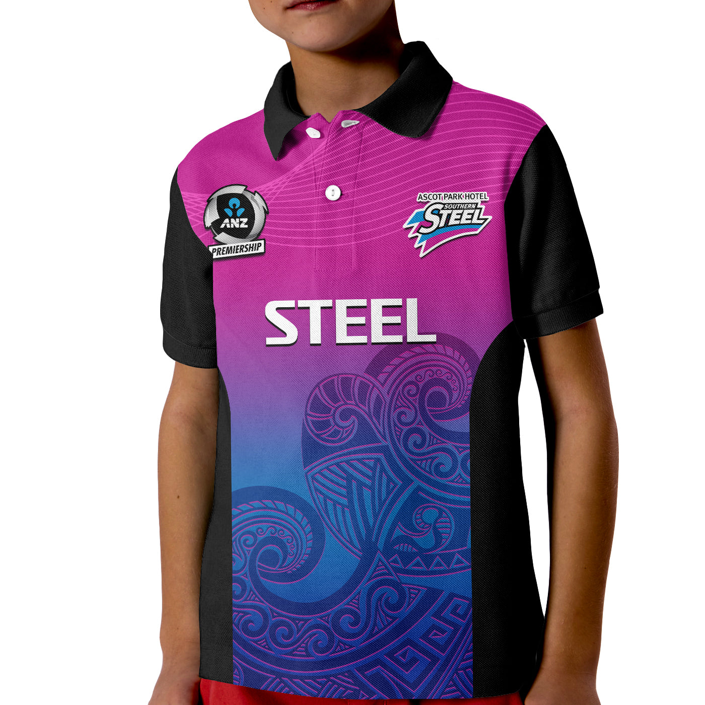 (Custom Text And Number) Aotearoa Netball Polo Shirt KID Southern Steel 2023 ANZ Premiership - Vibe Hoodie Shop