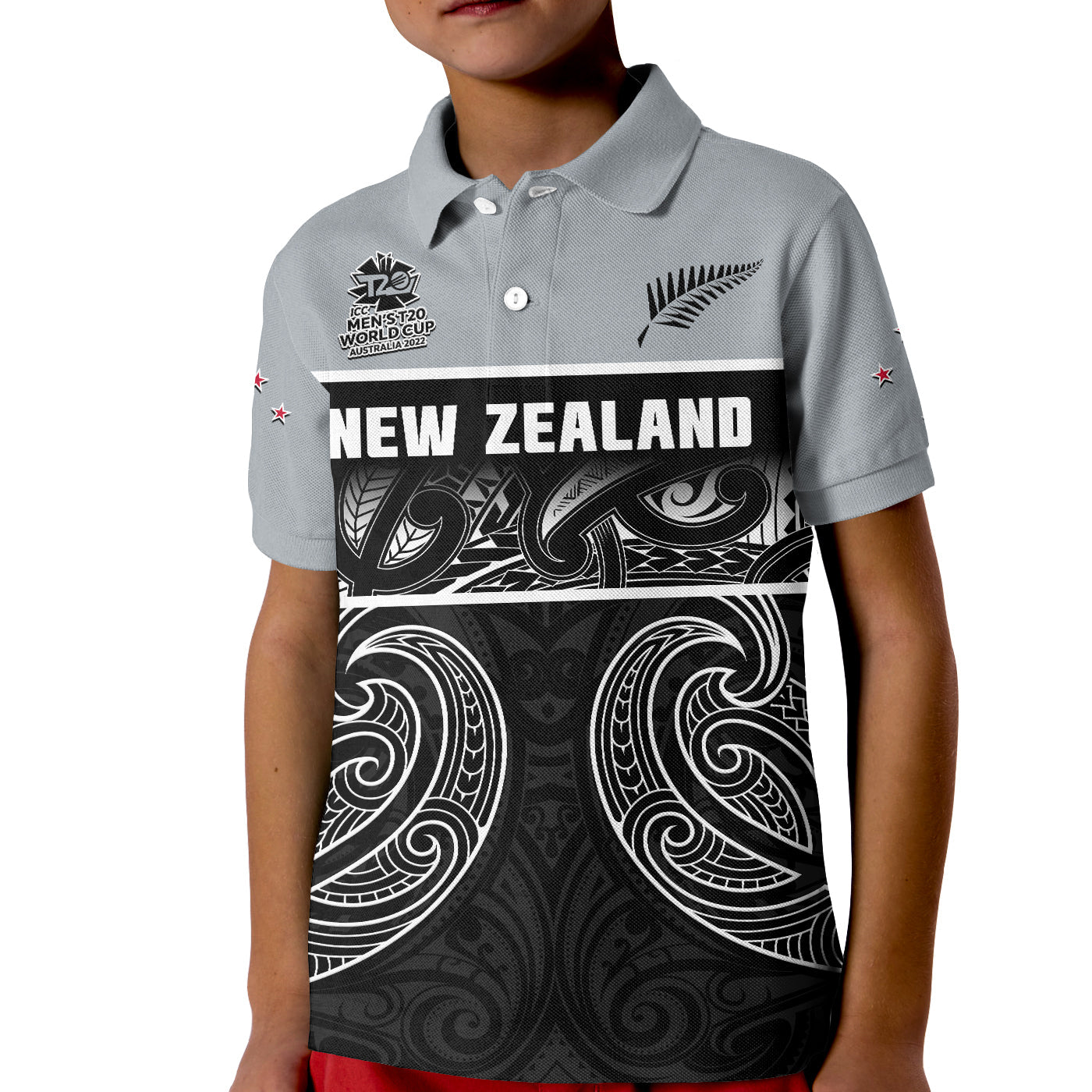 (Custom Text And Number) New Zealand Cricket Polo Shirt KID Black Cap 2022 Mens T20 World Cup - Vibe Hoodie Shop