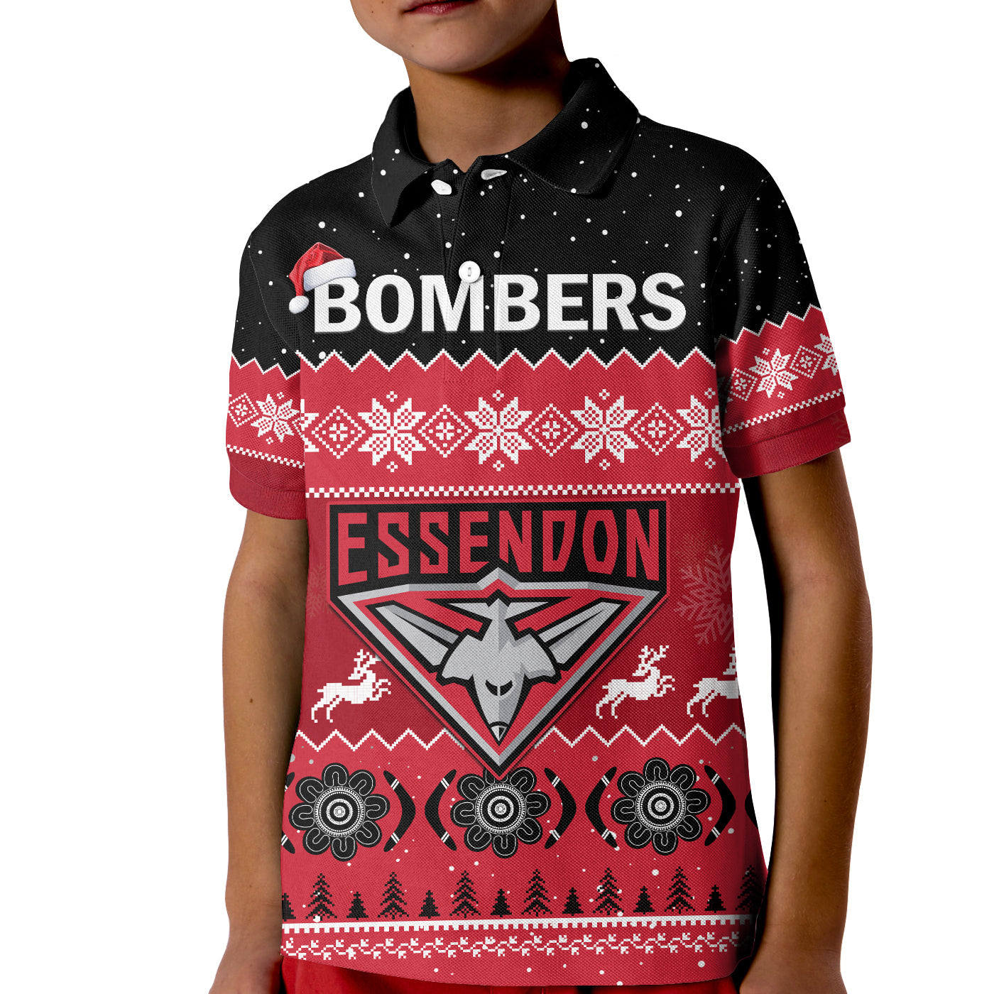 (Custom Personalised) Essendon Football Polo Shirt KID Bombers Indigenous Merry Christmas - Vibe Hoodie Shop