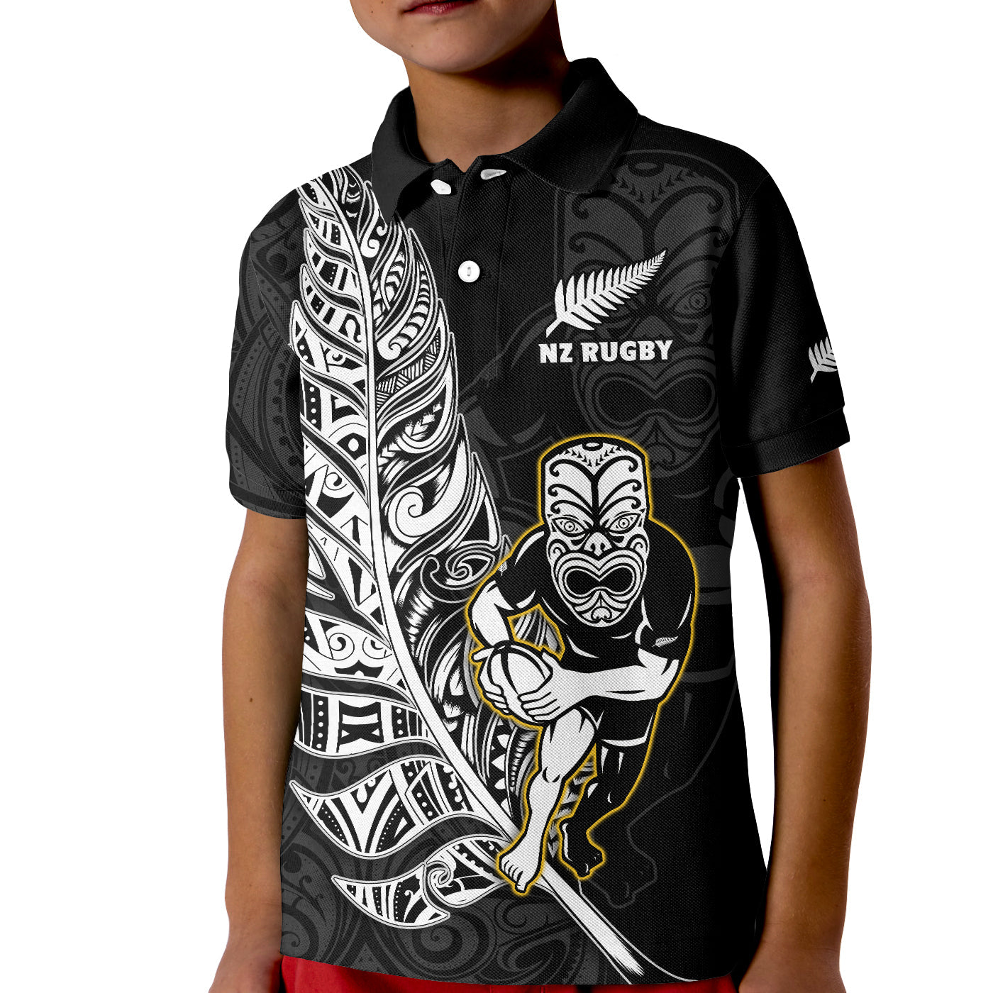 (Custom Text And Number) New Zealand Silver Fern Rugby Polo Shirt KID All Black Maori Version Black - Vibe Hoodie Shop