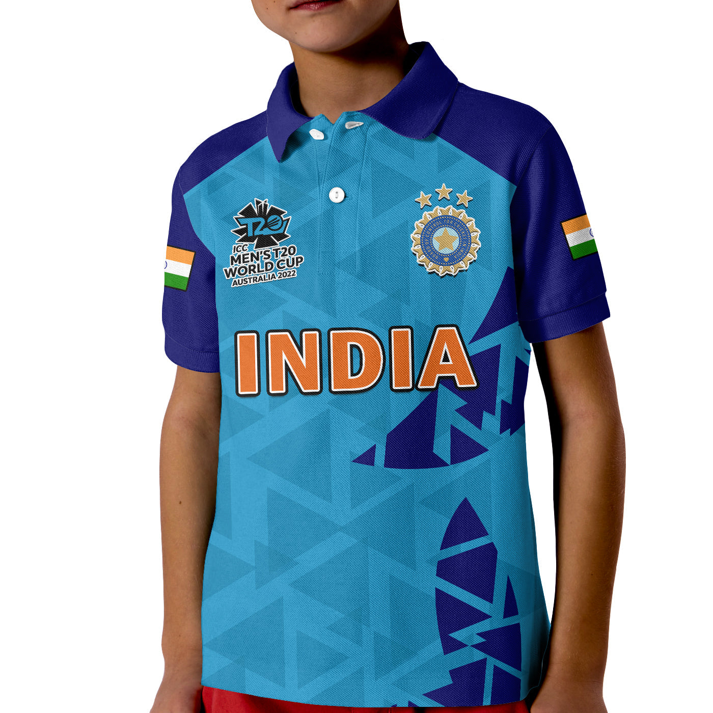 (Custom Text And Number) India Cricket Polo Shirt KID Men in Blue 2022 Mens T20 World Cup - Vibe Hoodie Shop