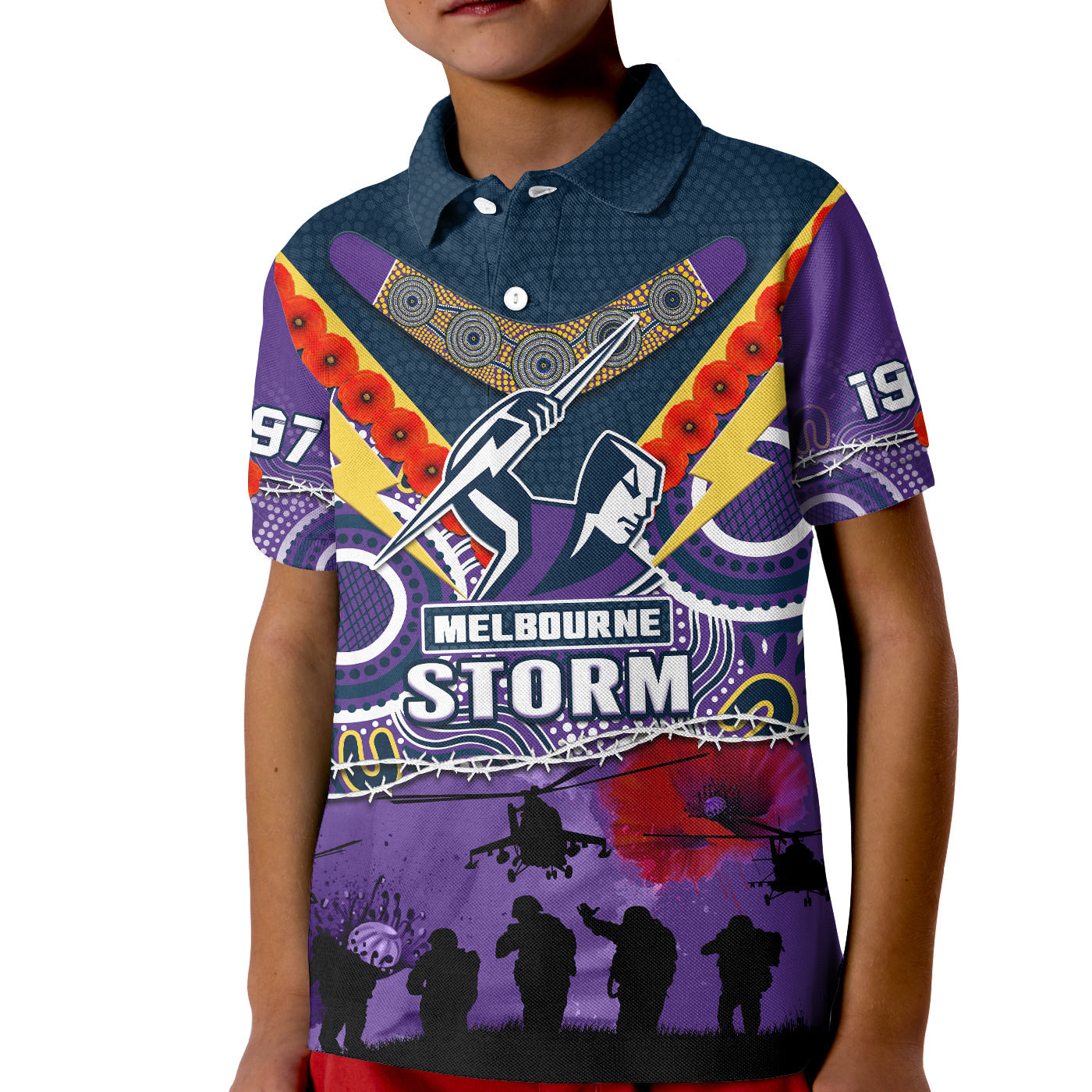 (Custom Text And Number) Melbourne Storm Rugby ANZAC Polo Shirt KID Indigenous Poppy Australian Army - Vibe Hoodie Shop